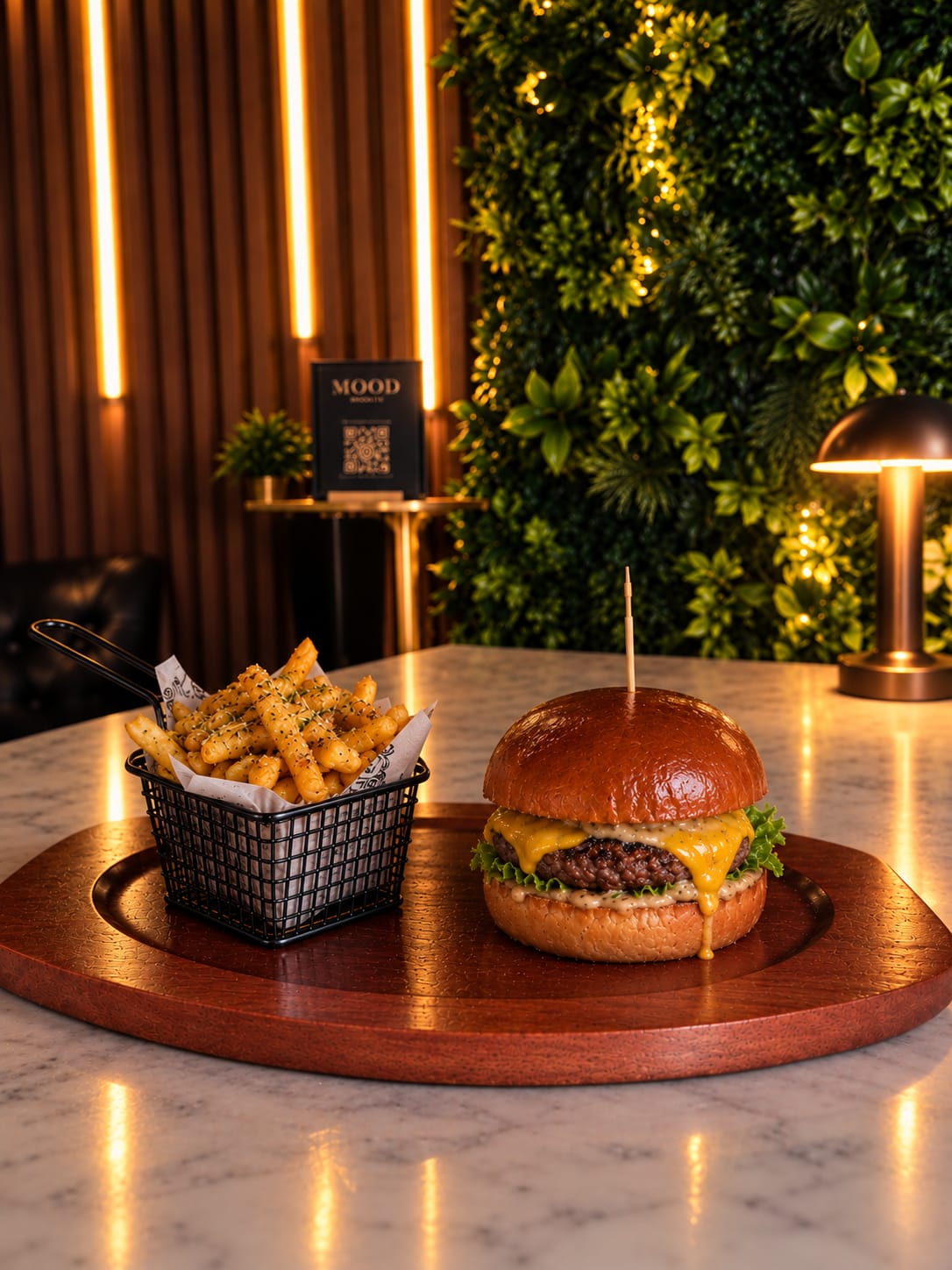 MOOD Cheese Burger with fries