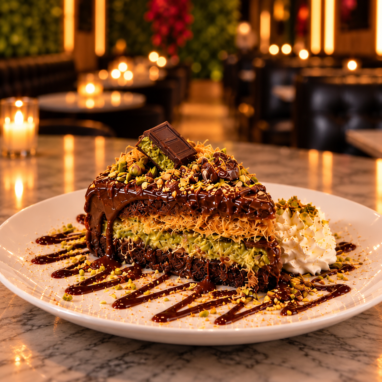 Dubai Chocolate Cake at MOOD Brooklyn